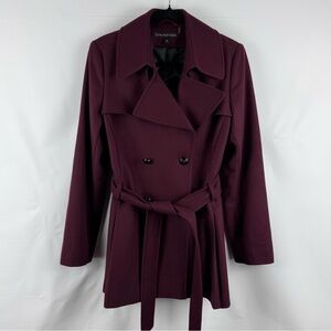 Double Breasted Wool Maroon Pleated Belted Pea Coat